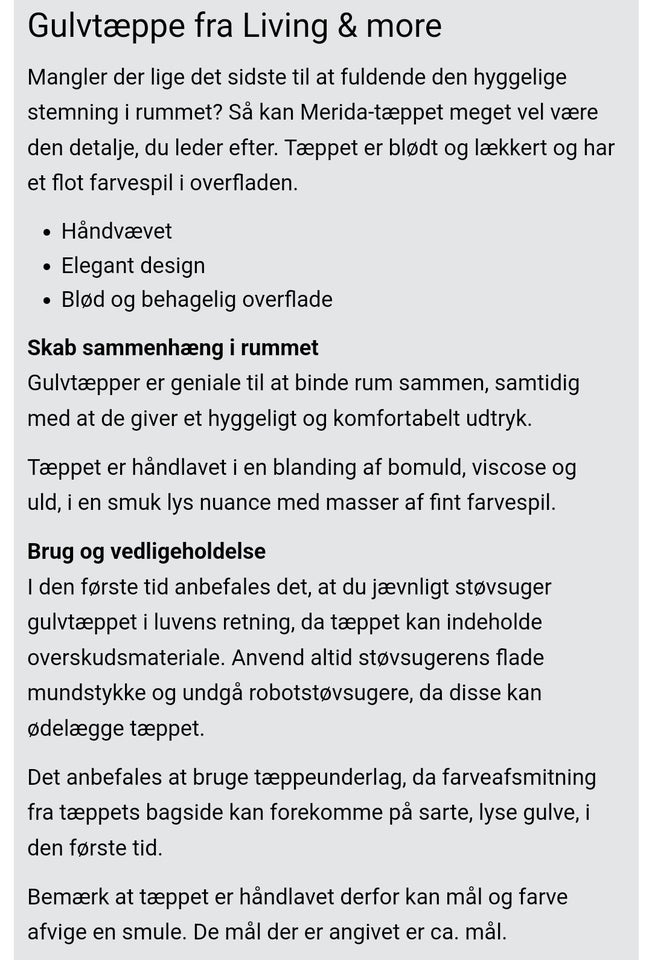 Gulvtæppe, Uld75% uld, 25% viscose. Bagside: 100 % bomuld