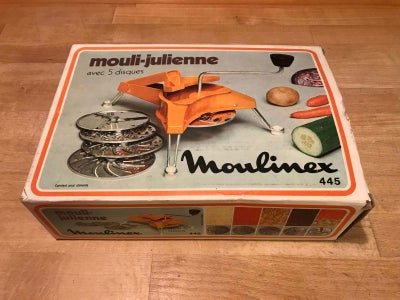 Råkostjern, Moulinex, Mouli-julienne af metal og orange plast, fem riveskiver, original emballage, 2