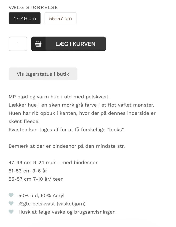 Hue, HUE MED ÆGTE PELSKVAST, MP DANMARK