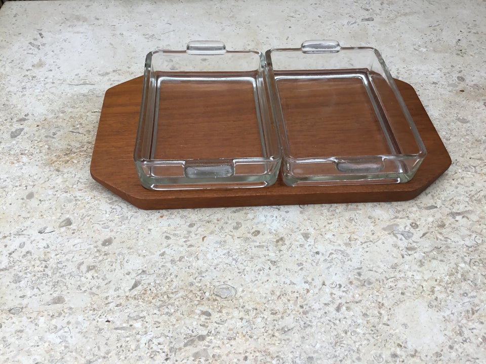 Andet, Cabaret fad teak med 2 glas skåle, Retro teak cabaret