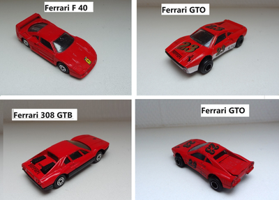 Biler, Ferrari F 40 , Ferrari GTO, , , Ferrari 308, GTB, Ferrari GTO, Prisen er for alle 4 stk
men d