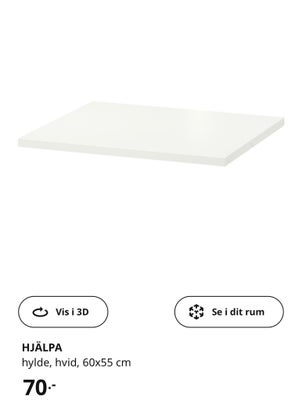 Tilbehør til skabe, Ikea, b: 60 d: 55, Hvid hylde 60x55 der passer til Ikea Platsa skab 60x60.
Ny pr
