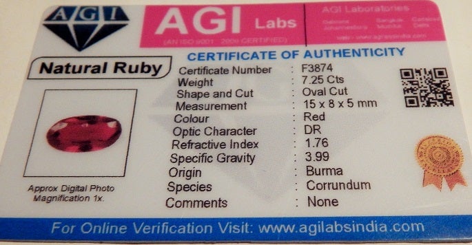 Andet smykke, ædelsten, 7.25Ct rubyBurma certifikat