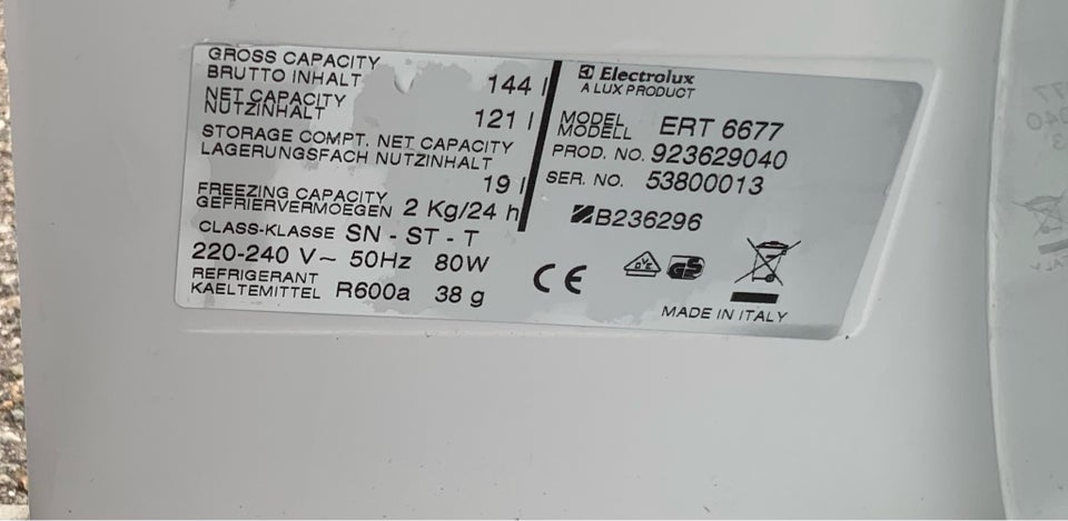 Køle/fryseskab, Electrolux, b: 58 d: 62 h: 85