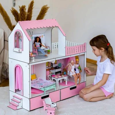 Dukkehus til Barbie i lyserød krydsfiner til piger