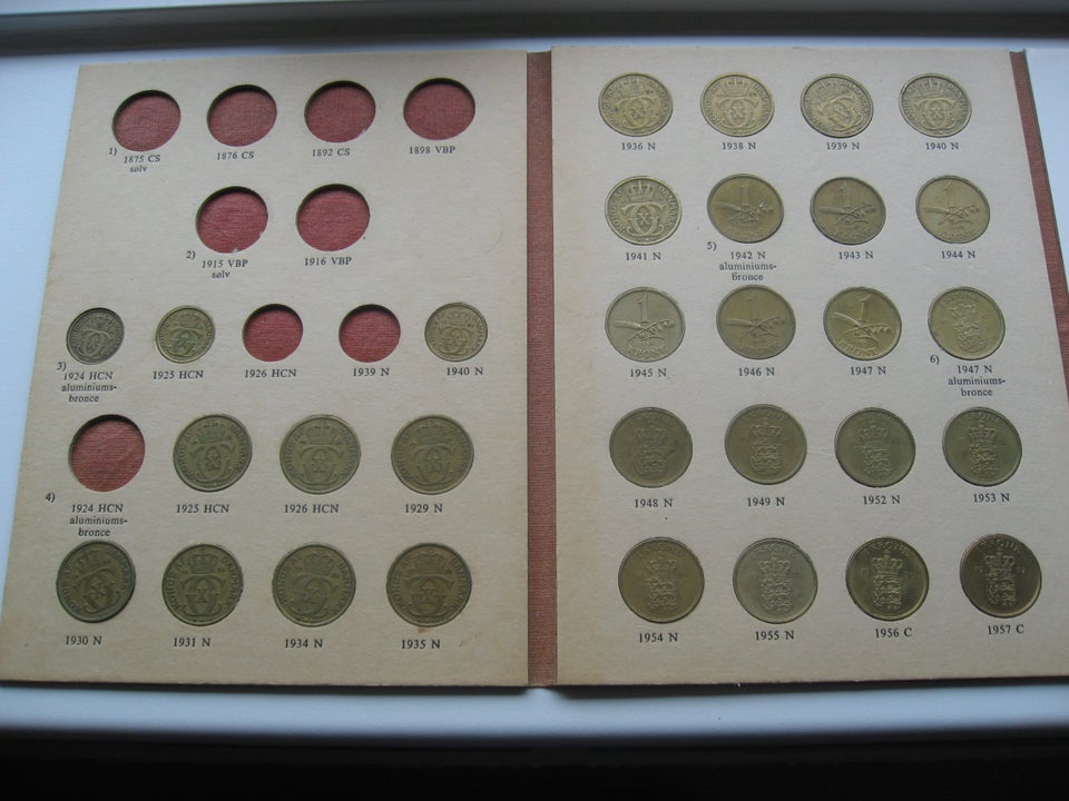 Danmark, mønter, KOMPLET SÆT GULE 1KR 1925-59 KOBBERNIKKEL