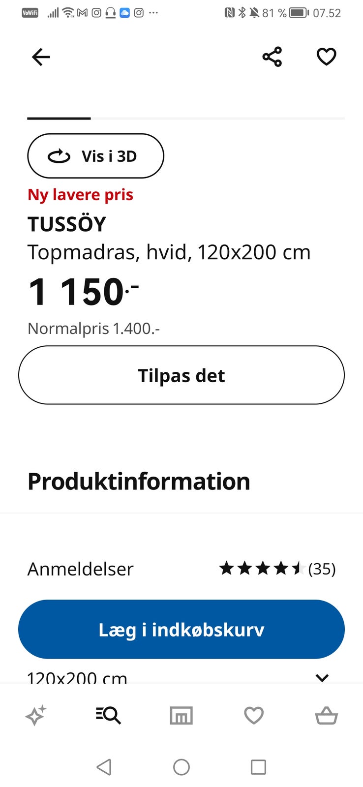 Topmadras, Ikea Tussöy, b: 120 l: 200