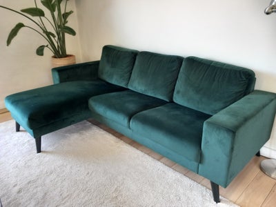 Sofa, velour, 3 pers. , My Home, Trepersoners mørkegrøn velour sofa med flytbar chaiselong. Meget ko