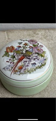 Porcelæn, Låg krukke, Vintage, 
Stor låg pastel grøn krukke i porcelæn - med håndmalet låg med papeg