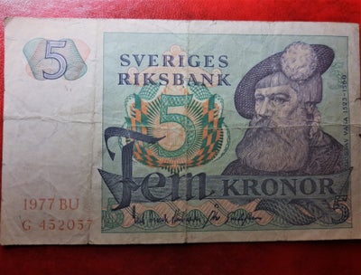 Skandinavien, sedler, 1977, SVERIGE SWEDEN FEM 5 KRONOR 1977 / 5 KRONER GUSTAV VASA & ROOSTER p51
Po