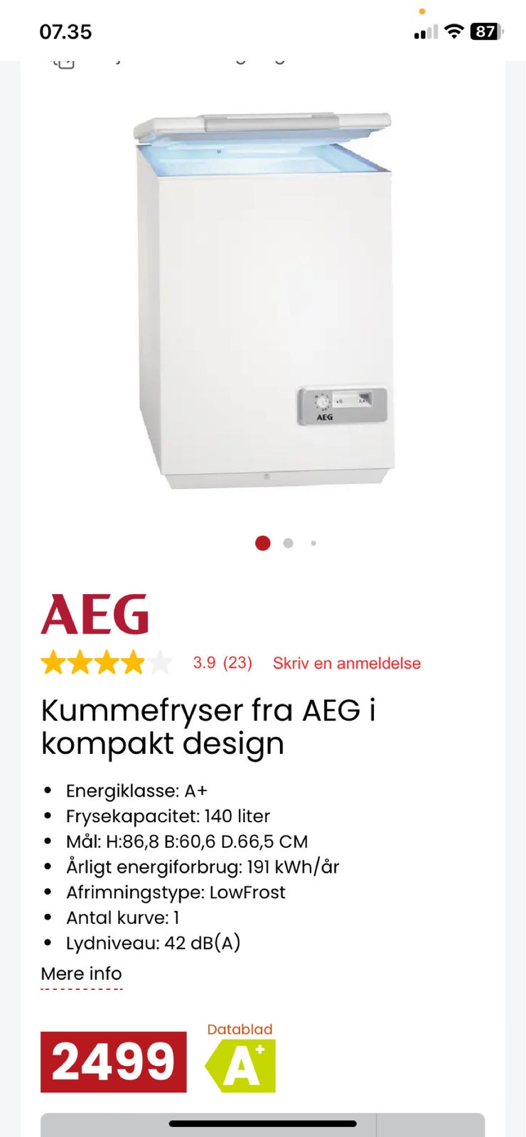 Kummefryser, AEG, 140 liter