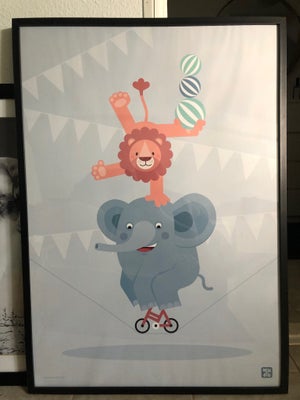 Plakat i ramme, motiv: Dyr, b: 73 h: 103, Plakat med cirkus dyr i Ribba ramme. Elefant og løve.
Fin 