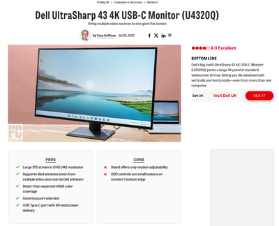 Dell Ultrasharp, U4320Q 4K, 43 tommer, God, Flot, skarp skærm, kan via Dells display manager (gratis