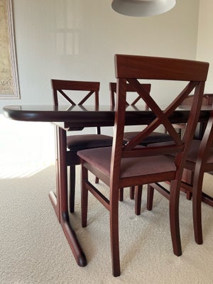 Spisebordsstol, Mahogni, 4 spisebordsstole i mahognitræ med velour betræk. 

Bud modtages gerne. Kom