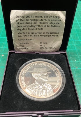 Danmark, mønter, 200 kr., 1990, Sølv 200 krone udgivet i anledning af Dr. M. 50 års fødselsdag, med 