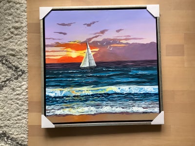 Akrylmaleri, Mathu, motiv: Landskab, b: 60 h: 60, Sailing boat in sunset
Med svæveramme
Kan hentes e