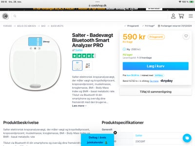 Badevægt, Salter, Helt ny badevægt med kropsanalyse og Bluetooth sælges.
Nypris kr. 590
Mp kr. 400