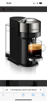 Nespresso Vertuo next deluxe, Nespresso, Nespresso maskine fået i julegave. 
Sælges da vi ønsker en 
