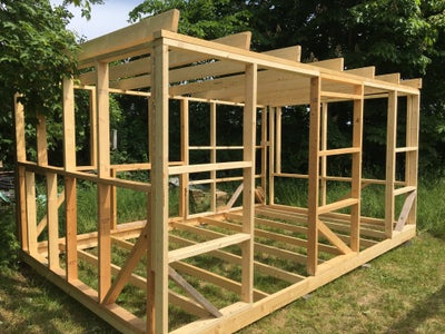Tømmer, 14,4 m2 hytte / havehus konstruktion
Uden beklædninger

Kan tilkøbes profileret udv. beklædn