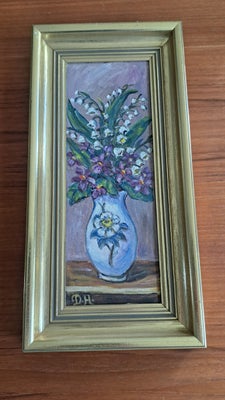 Oliemaleri, D. H., motiv: Blomster/Have, b: 17,5 cm h: 35 cm., Blomstermaleri med lilla og hvide blo