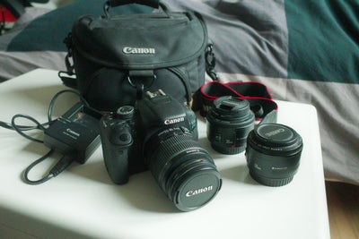 Canon, 600D, 18 megapixels, God, Canon 600D med 3 objektiver, taske, oplader, vendebar skærm mm. i g