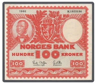 Skandinavien, sedler, Norge, rigtig pæn 100 krone seddel 1960.
Kvalitet 01 eller Extremely Fine. 
Bl