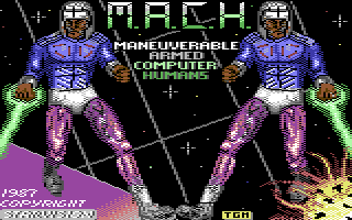 M.A.C.H.  , Commodore 64 & C128, 


Starvision, 1987:


"M.A.C.H."

[Maneuverable Armed Computer Hum