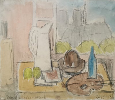 Akvarel, Børge L. Knudsen, Akvarel, opstilling med kande. Dateret og stedbetegnet "Paris '52". Signe