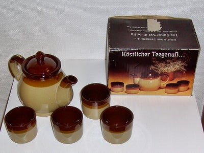 Keramik, Testel / tesæt til dukker / børn, Made in Taiwan, Tepotte og 4 tekrus i brun keramik - med 