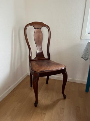 Spisebordsstol, Træ og læder, Fire fine stole sælges - den ene trænger til en klat lim ved ryg-samli