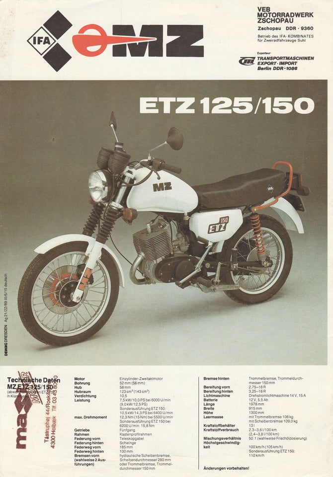 MZ ETZ 125/150 årg. 1986: Brochure