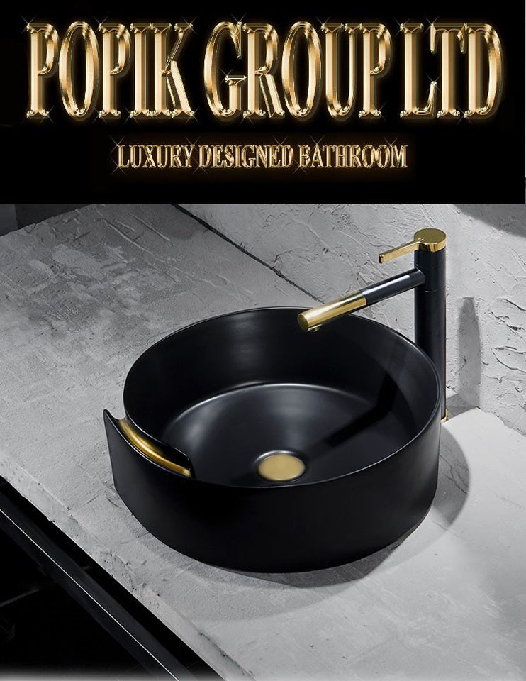 Sort oval bordplade håndvask med guldlinje, POPIK GROUP LTD