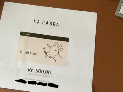 e-gavekort på DKK 500 til kaffe el. espresso fra 'la cabra' (findes i århus, København, online). sæl