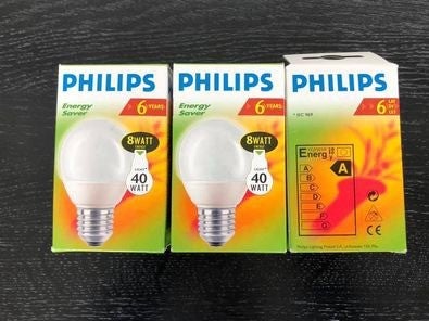 Pære, Philips, Philips Energipærer 8 W (40 W). Stor fatning. Aldrig brugt. Samlet pris 2 stk.