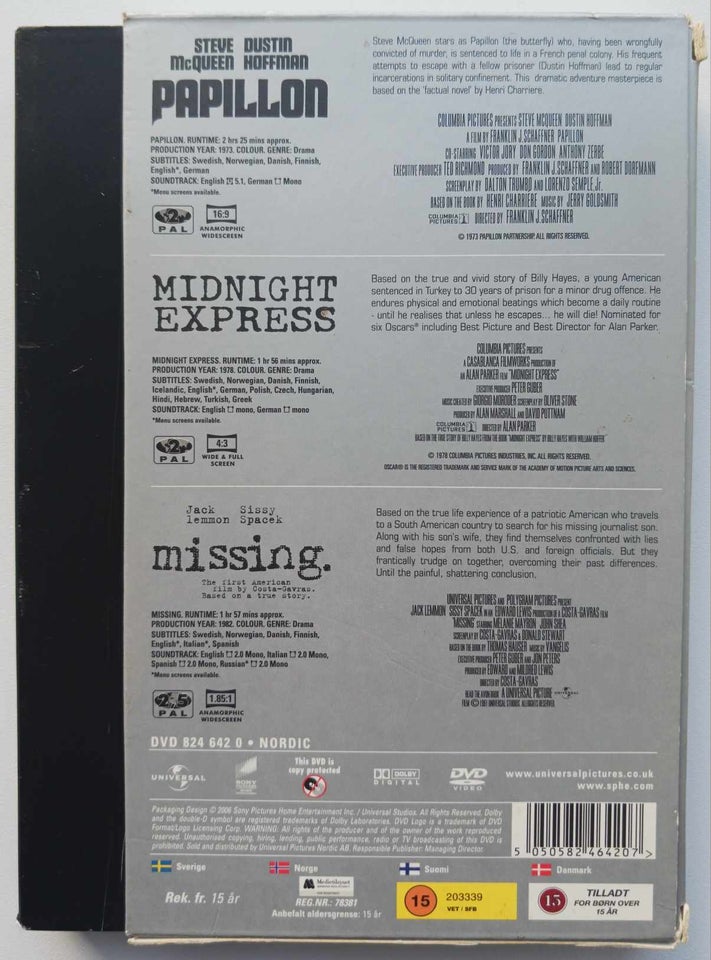 Papillon + Midnight Express + Missing (3-disc), DVD, drama