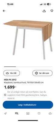 Spisebord m/stole, Træ, Ikea, IKEA PS 2012, klapbord, babys/hvid 74/106/138x80 cm 
Ny pris 1.699 kr.