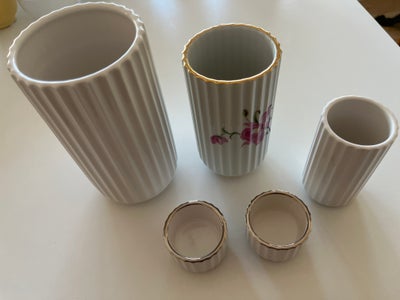 Porcelæn, Vase , lysestage , Lyngby, 15 cm, 12 cm, 9 cm og 2 stk lysestage  . Den 1 vase med blomste