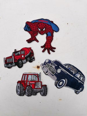 Strygemærker, Spiderman og hestekræfter. Stryge symærker, 4 stryge sy mærker. Spider mand, traktor, 