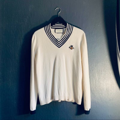 Sweater, GUCCI, str. M,  Offwhite,  Merino wool,  Næsten som ny, Classisk v-hals GUCCI strik med ins