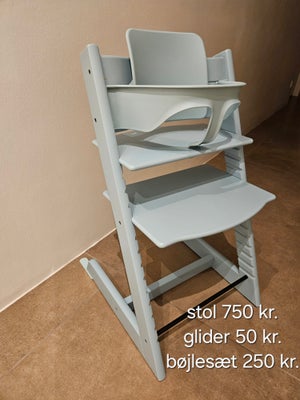 Højstol, Tripp trapp, Stokke Trip Trap højstol i god stand med brugsspor.

Stol 750 kr.
Glider 50 kr