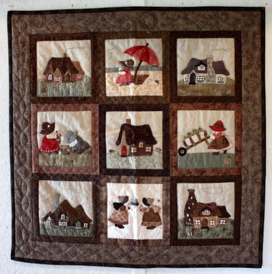 Vægtæppe, Patchwork, DK hånd quiltet i bomuld, engelsk motiv, b: 83 l: 83, Patchwork tæppe, dansk hå