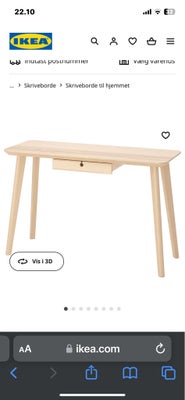 Skrivebord, Ikea Lisabo, b: 118 d: 45 h: 74, Bordpladen af asketræsfiner og ben af massiv birk gi’r 