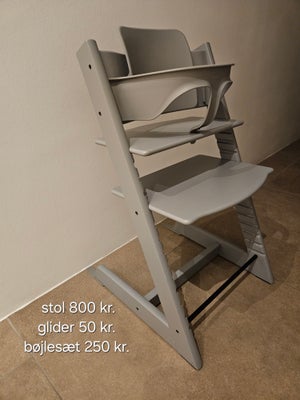 Højstol, Tripp trapp, Stokke Trip Trap højstol i god stand med brugsspor.

Stol 800 kr.
Glider 50 kr