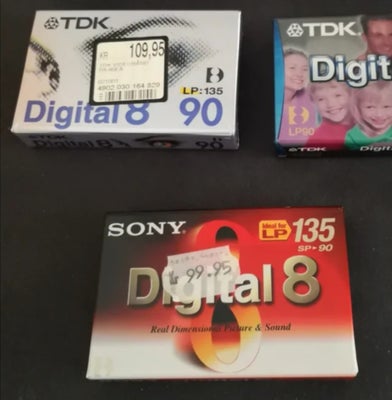 Video8 bånd, digitalt, Sony og TDK, 90 min. , God, Jeg har cirka 20 stk, ubrugt og i original emball