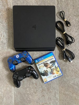 Playstation 4, Slim, God, Ps4 konsol med strøm kabel, HDMI stik, controller lader, 2 controllere og 