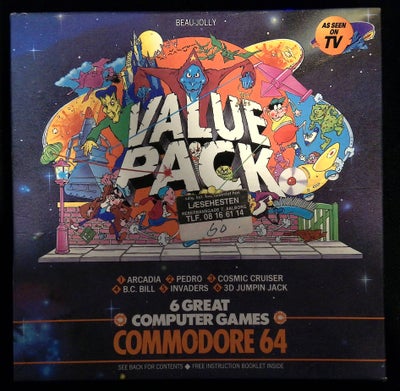 Value pack #1, Commodore 64, Value pack, bånd

ARCADIA
PEDRO
COMSIC CRUISER
B C BILL
INVADERS
3D JUM