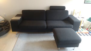 3 pers. sofa i uld med nakkestøtte og puf