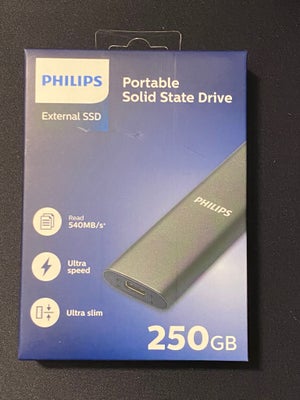 Philips, ekstern, 250 GB, Perfekt, Philips portable SSD sælges.

Fylder næsten intet, 9mm tyk og vej