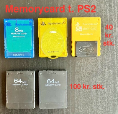 PS2 Memorycards 8/64 MB, PS2, action, Sender gerne på købers regning - og ellers kan det afhentes på