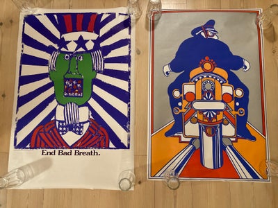 Plakater, 2 Vintage plakater af Seymour Chwast.
1. End Bad Breath 96X63,5 cm
2. Pop Cycles 90X60 cm
